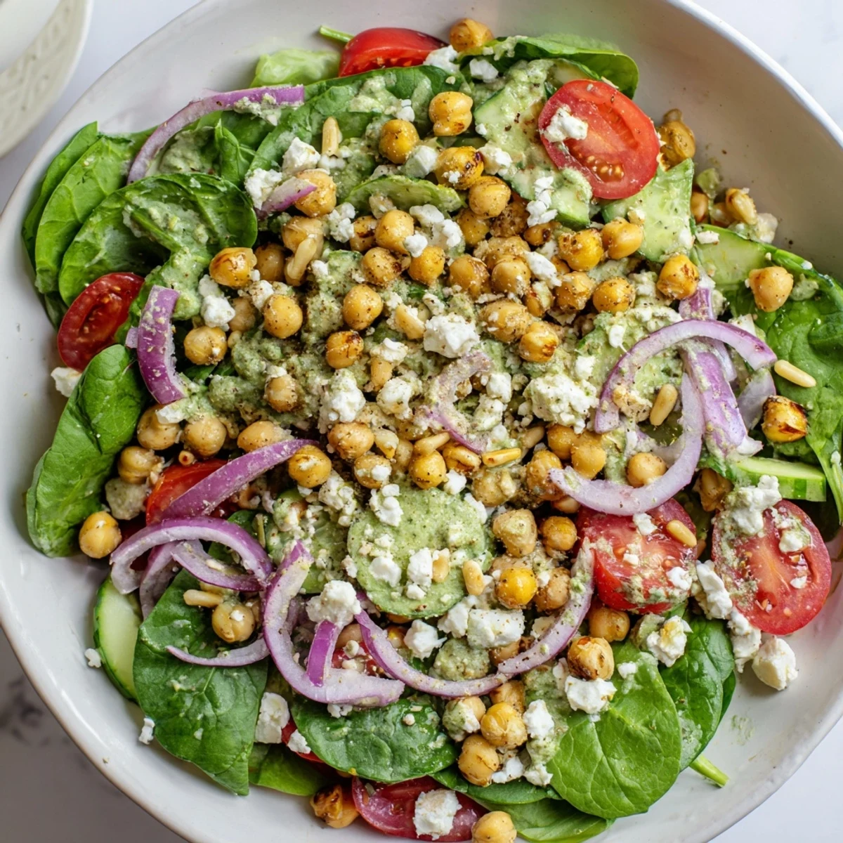 A colorful bowl of Pesto Chickpea and Spinach Salad, featuring juicy tomatoes and crunchy cucumbers.