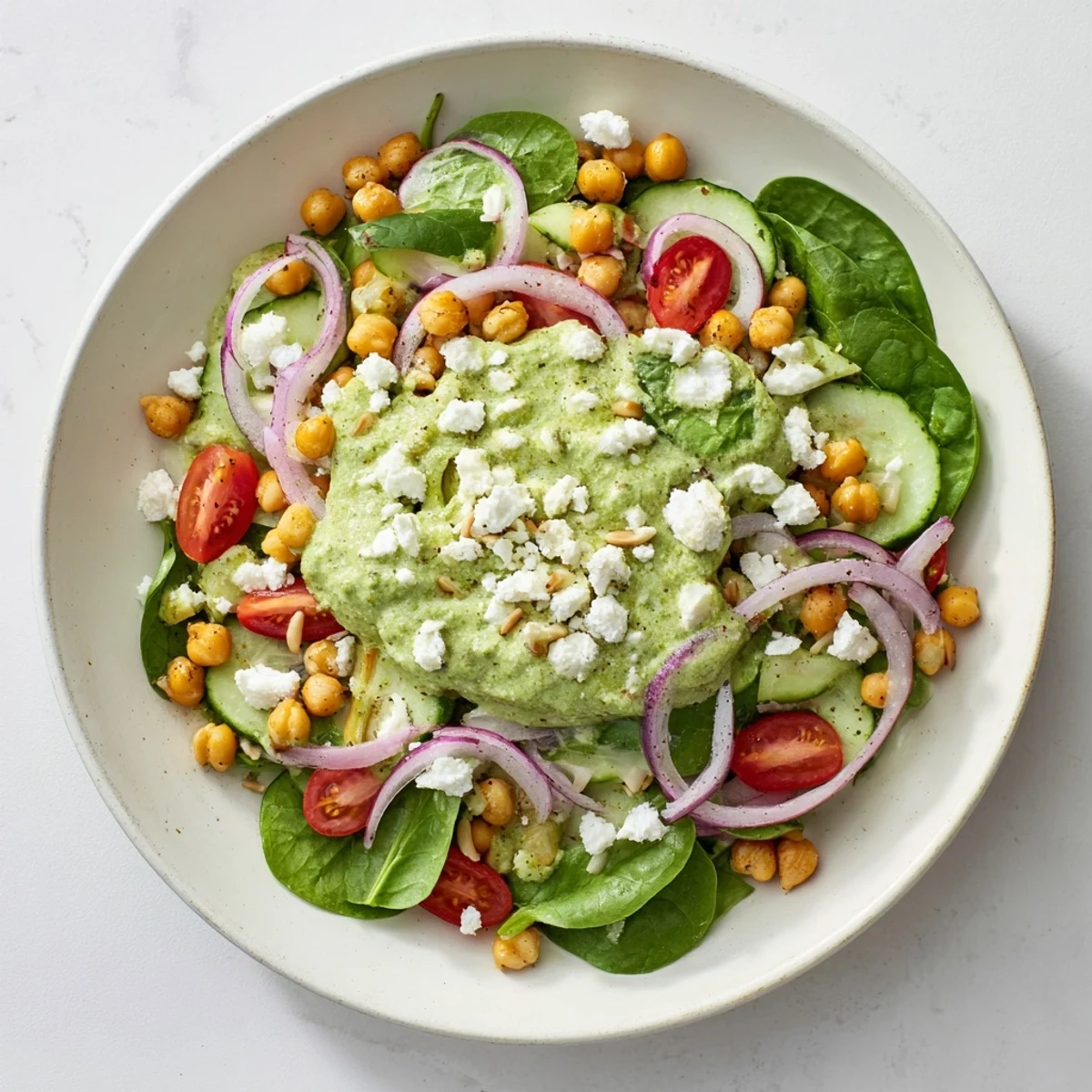 Enjoy a refreshing Pesto Chickpea and Spinach Salad, a light Mediterranean meal, perfect for summer.