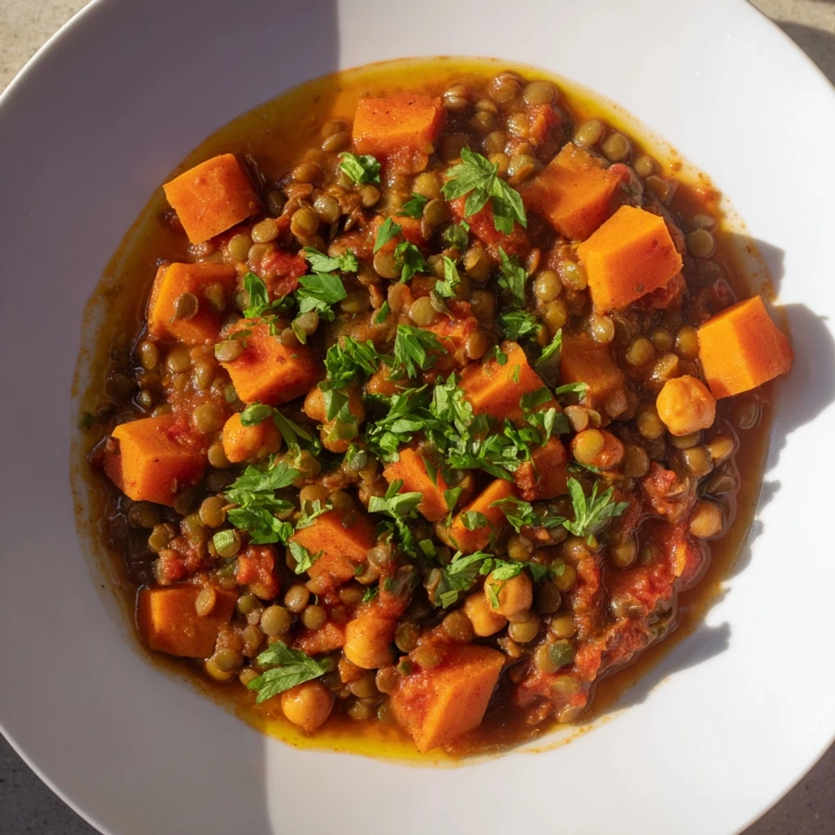 Steaming bowl of Middle Eastern lentil and chickpea stew, garnished with fresh parsley and lemon wedges.