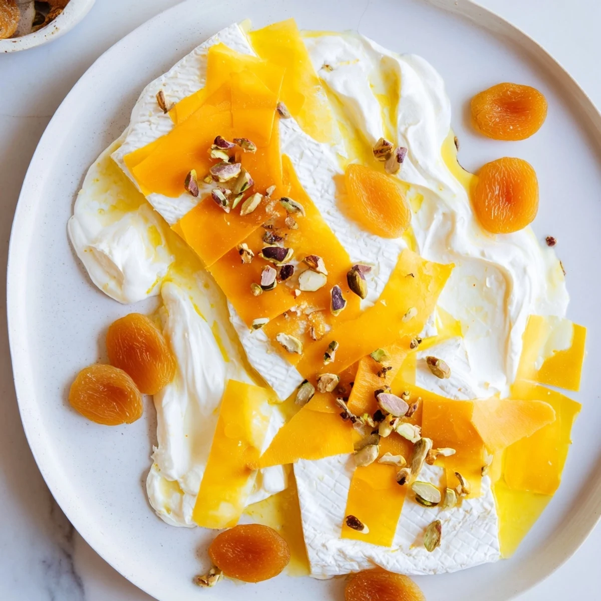 Elegant The Saffron Silk cheese board shows swirls of creamy cheese, perfect for a luxurious, easy appetizer.