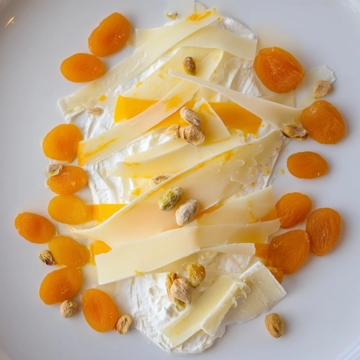 A beautiful The Saffron Silk cheese board with golden cheeses, honeyed mascarpone, and apricot accents ready to serve.