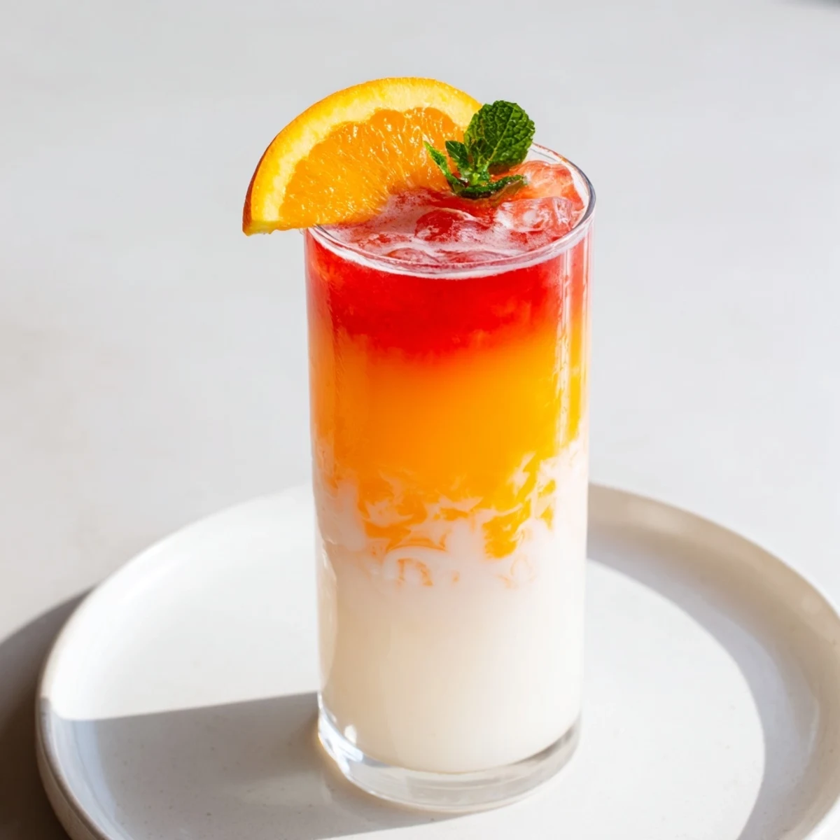 Beautiful Alpine Sunrise mocktail: creamy coconut base layered with vibrant orange and red hues.