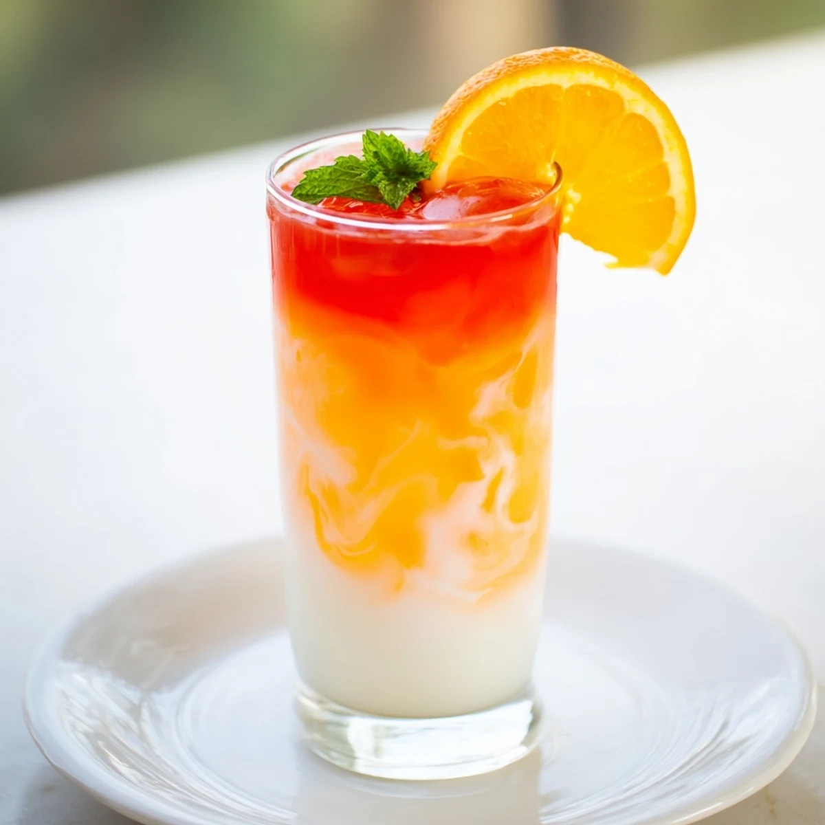 Refreshing Alpine Sunrise drink with an orange slice garnish, perfect for a sunny brunch setting.