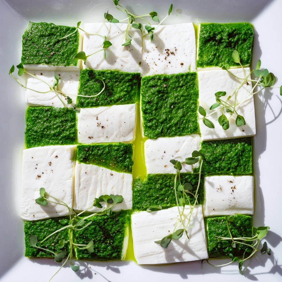 Checkerboard Garden appetizer with vibrant green herb squares and creamy cheeses, ready to serve.