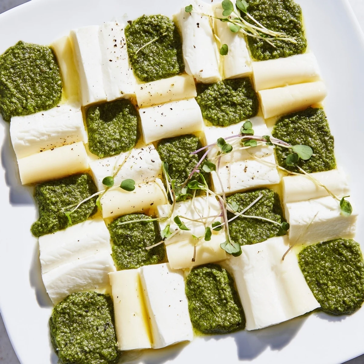 Freshly made Checkerboard Garden appetizer, a vegetarian delight, with alternating squares and delicate garnishes.