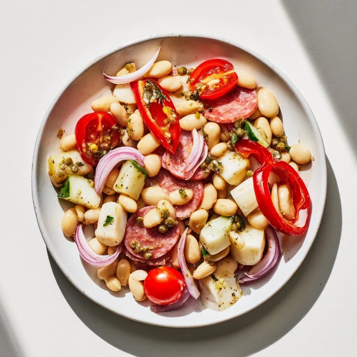 This Italian Antipasto Bean Salad features a refreshing mix of flavors and textures, with hearty beans and olives.