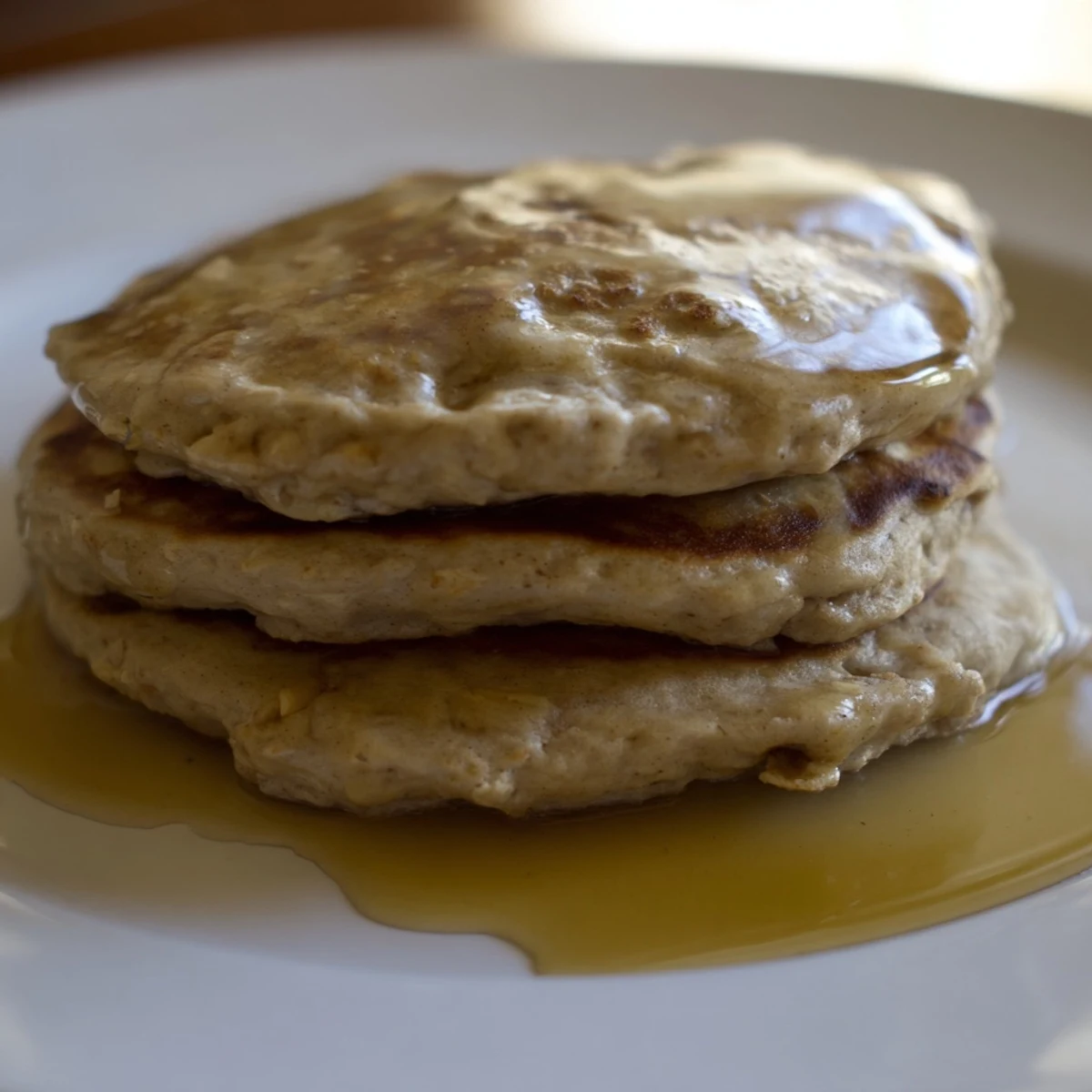 Golden-brown banana oat pancakes drizzled with maple syrup, a delightful breakfast treat.