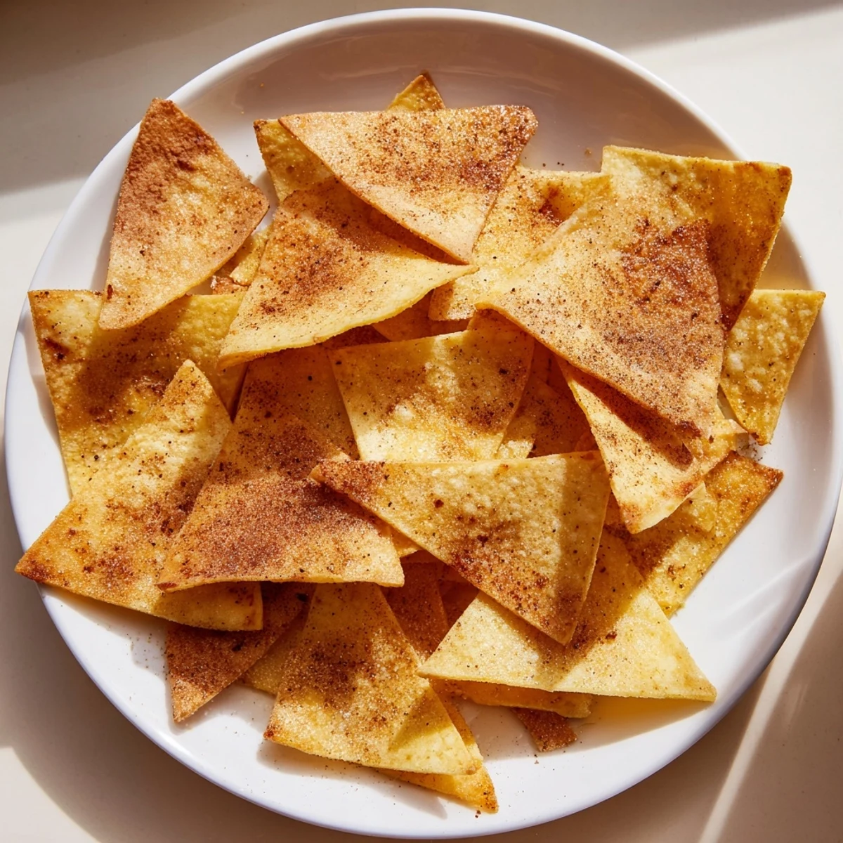 Golden and crispy homemade air-fryer tortilla chips, perfect for dipping into guacamole and salsa.