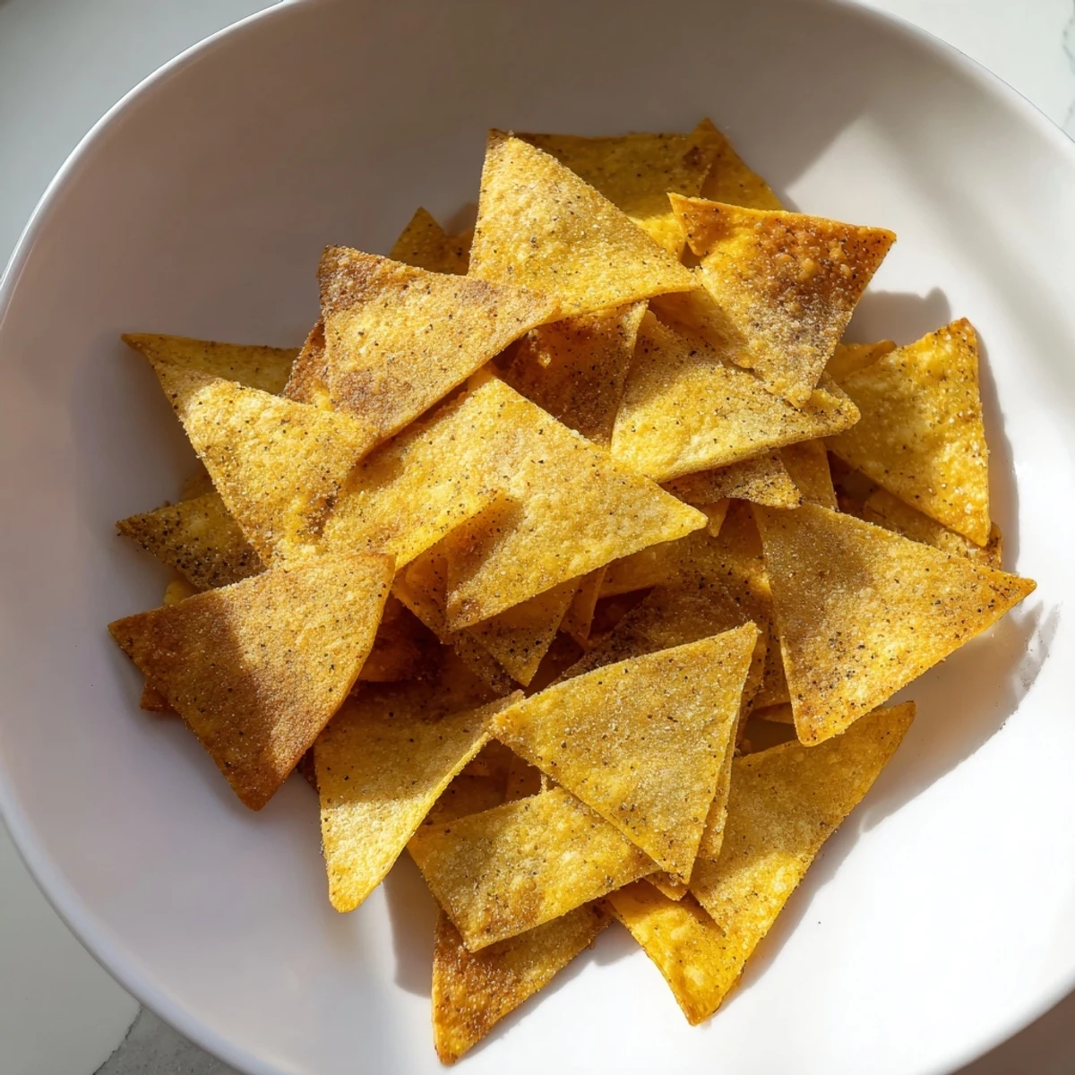 Air-fryer tortilla chips, seasoned and golden brown, are waiting to be piled with delicious toppings.