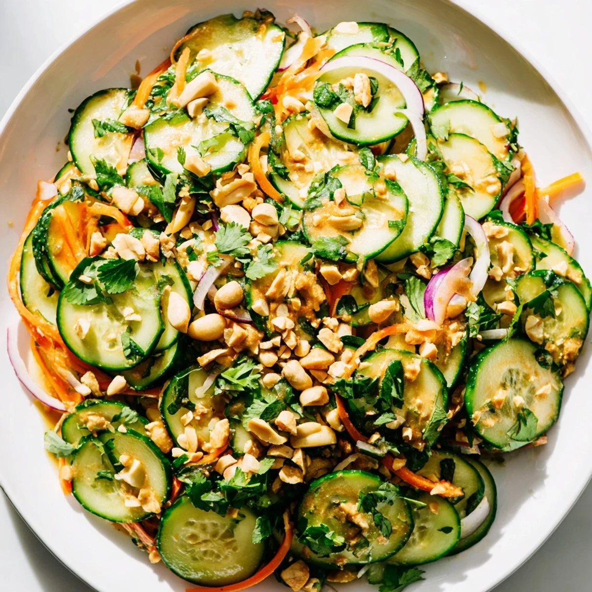 Close-up of a colorful Thai-Style Peanut Cucumber Salad with creamy peanut dressing drizzled on it.