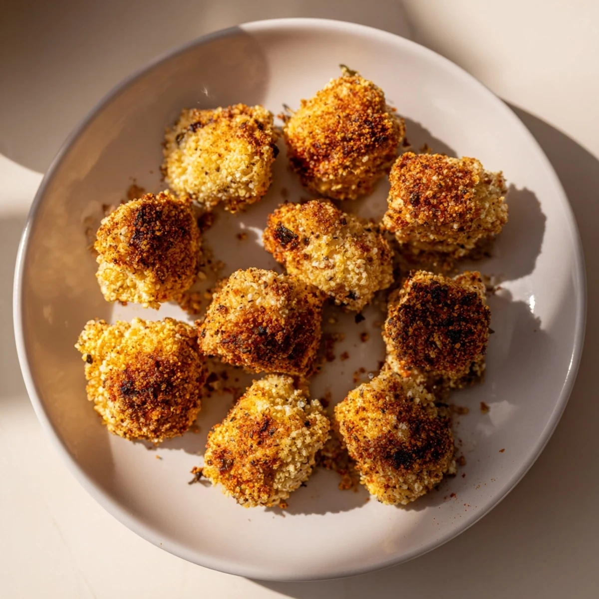 Close-up of baked Spicy Yogurt Chicken Bites, highlighting the spicy yogurt marinade and crunchy coating.