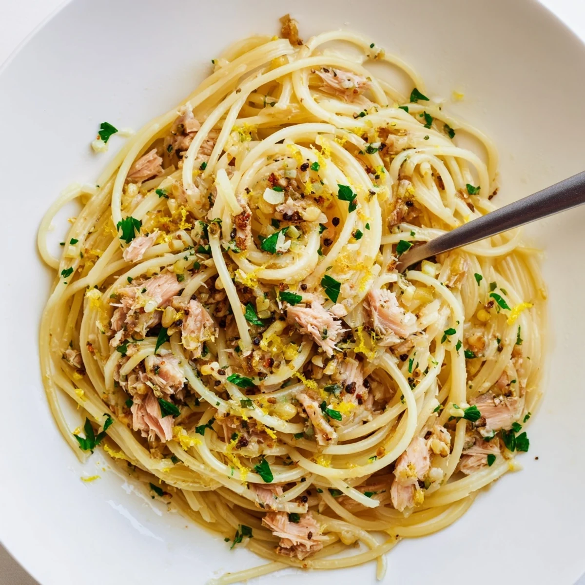 Bright, flavorful photo of Lemon-Garlic Tuna Spaghetti with parsley garnish and lemon wedges.