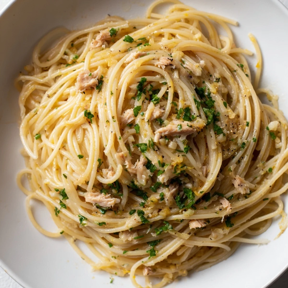 Close-up of perfectly cooked Lemon-Garlic Tuna Spaghetti, with garlic and red pepper flakes.