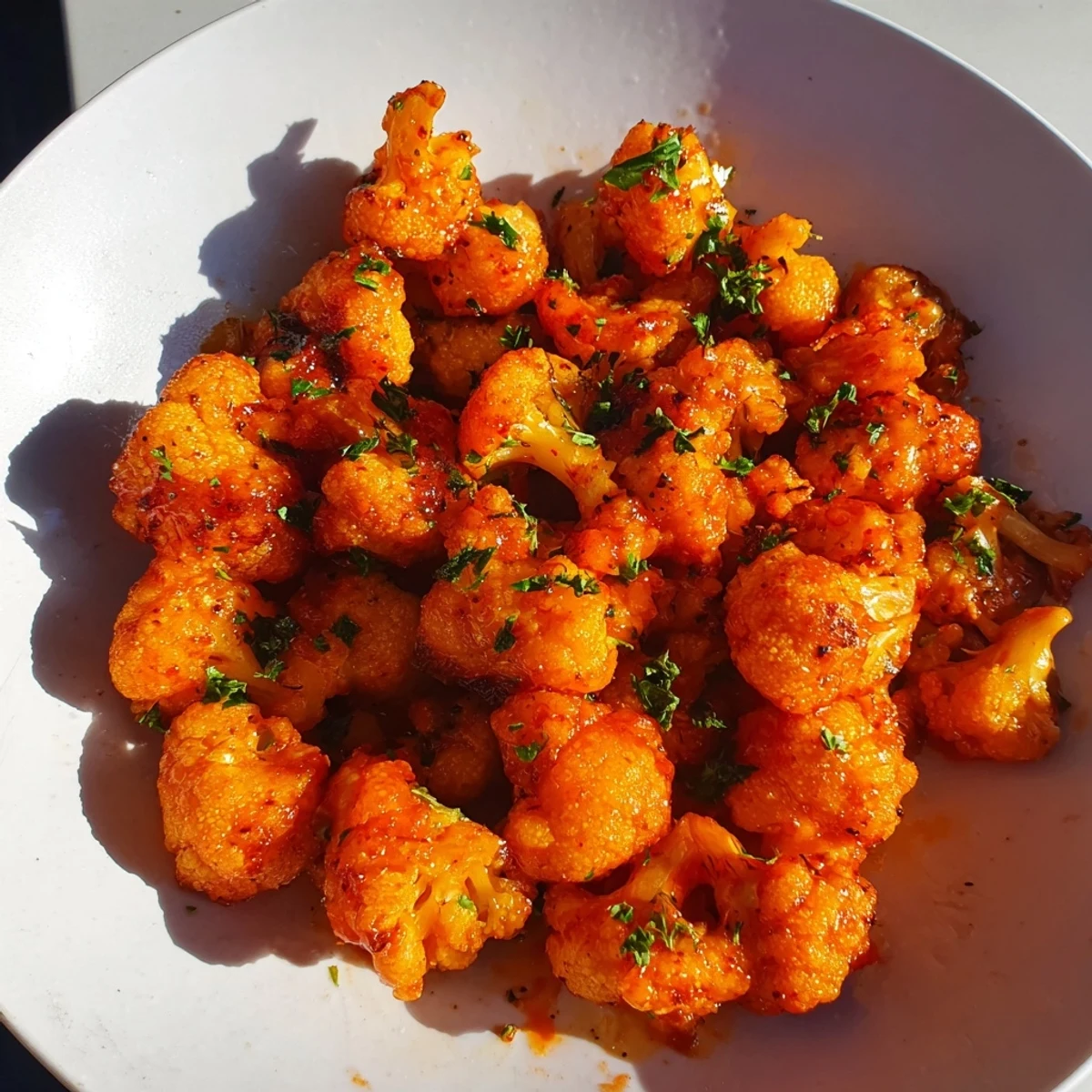 Golden, crispy Sriracha-Buffalo Cauliflower Bites with a shiny, flavorful glaze, perfect party food.