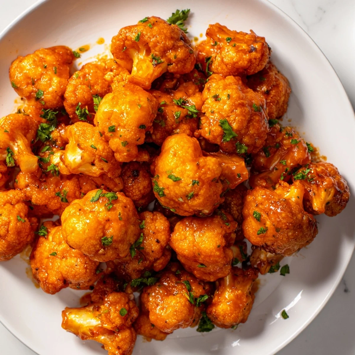 Close-up of vibrant Sriracha-Buffalo Cauliflower Bites, showing the spicy sauce and fresh herbs on top.