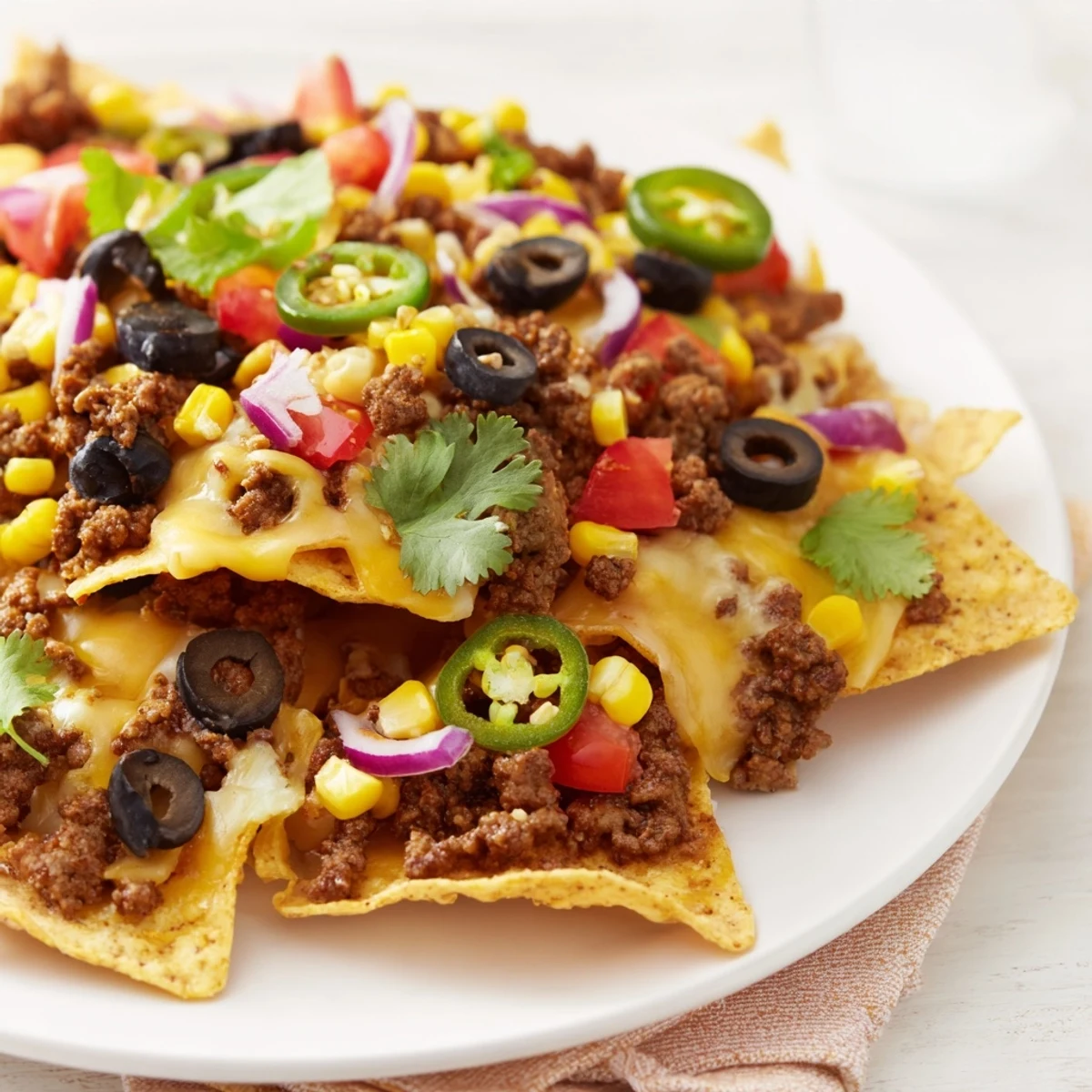 Easy Sheet-Pan Nachos bubbling with melted cheese, savory beef, and vibrant Tex-Mex toppings are ready.