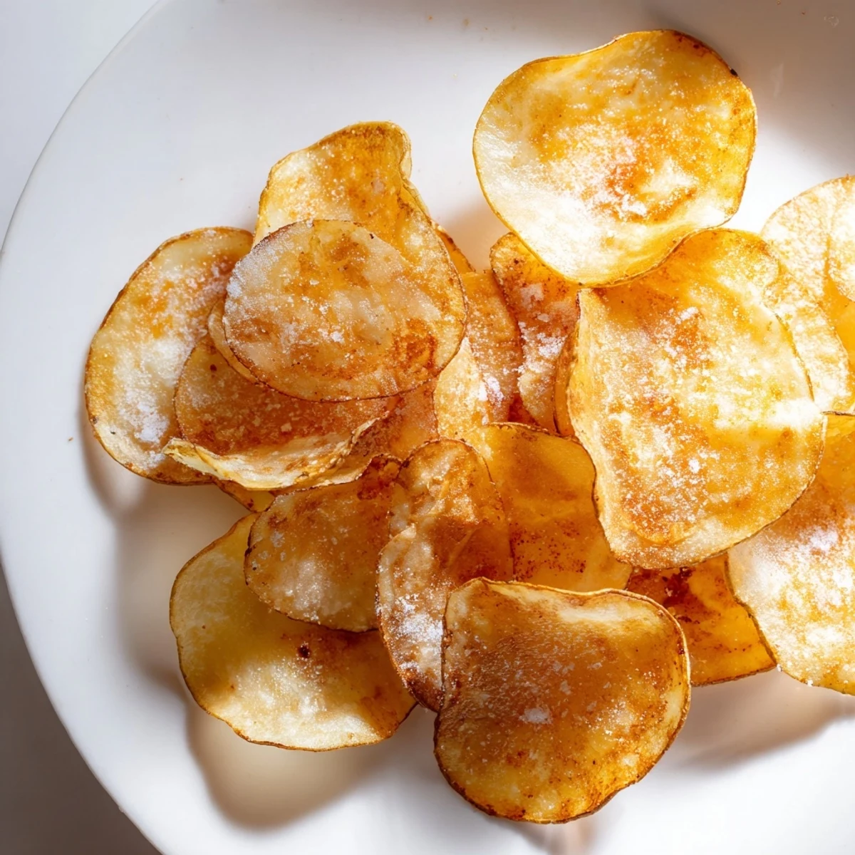 Crispy homemade air-fryer potato chips, golden brown and perfectly seasoned for a tasty snack.