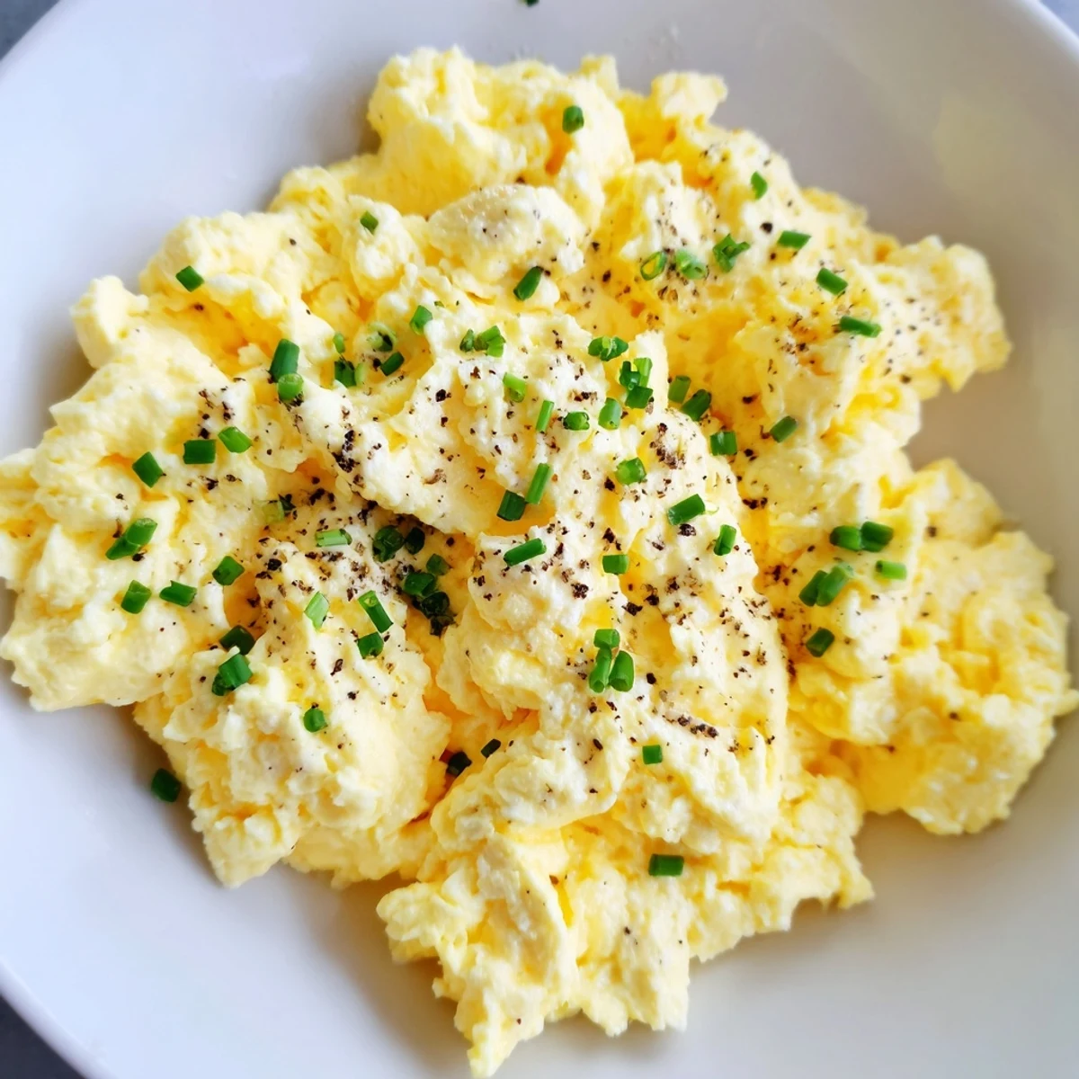 A close-up of creamy Cottage Cheese Scrambled Eggs with chopped chives, ideal for breakfast.