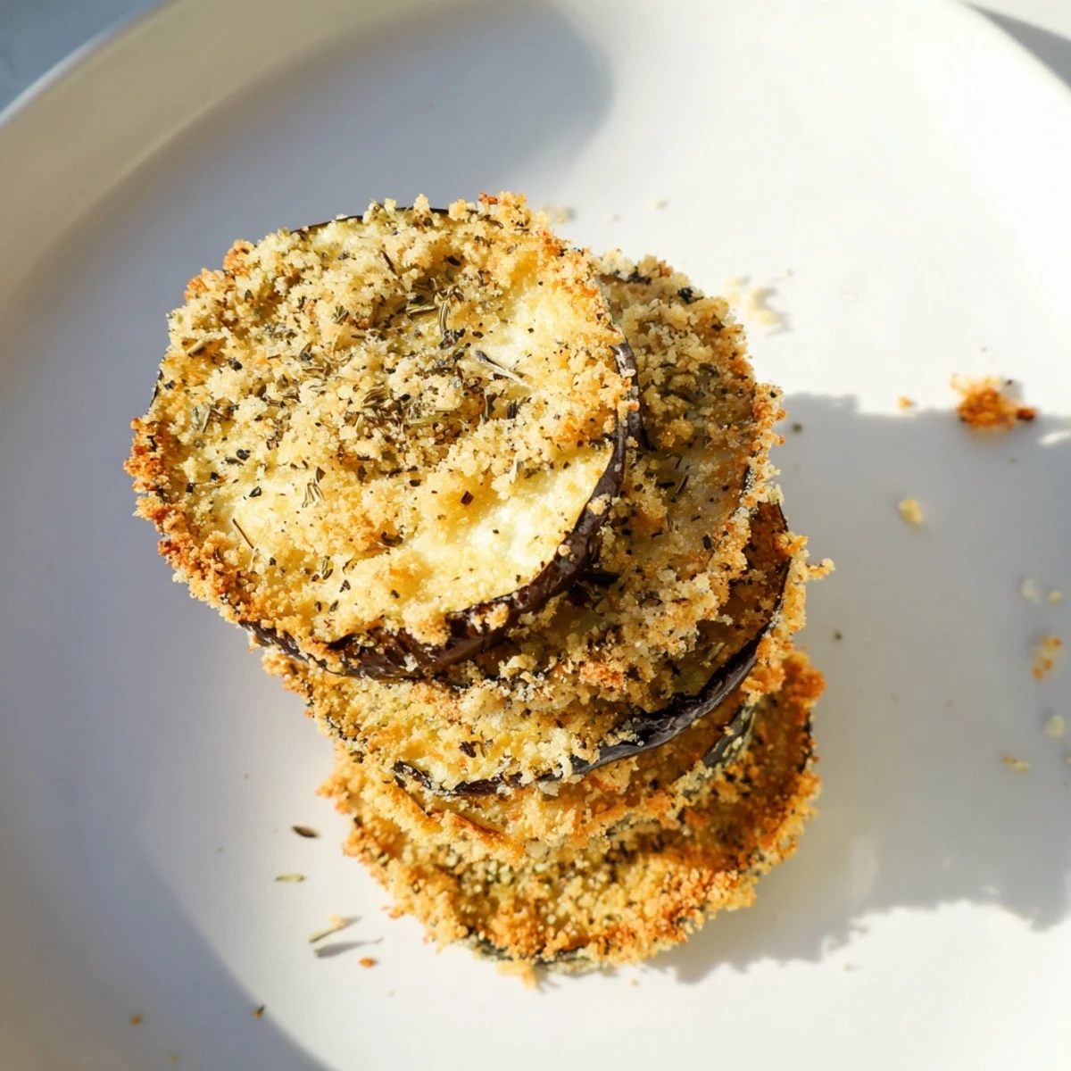 Close-up of baked, crispy Eggplant Parmesan Chips with a sprinkle of herbs, delicious and simple.