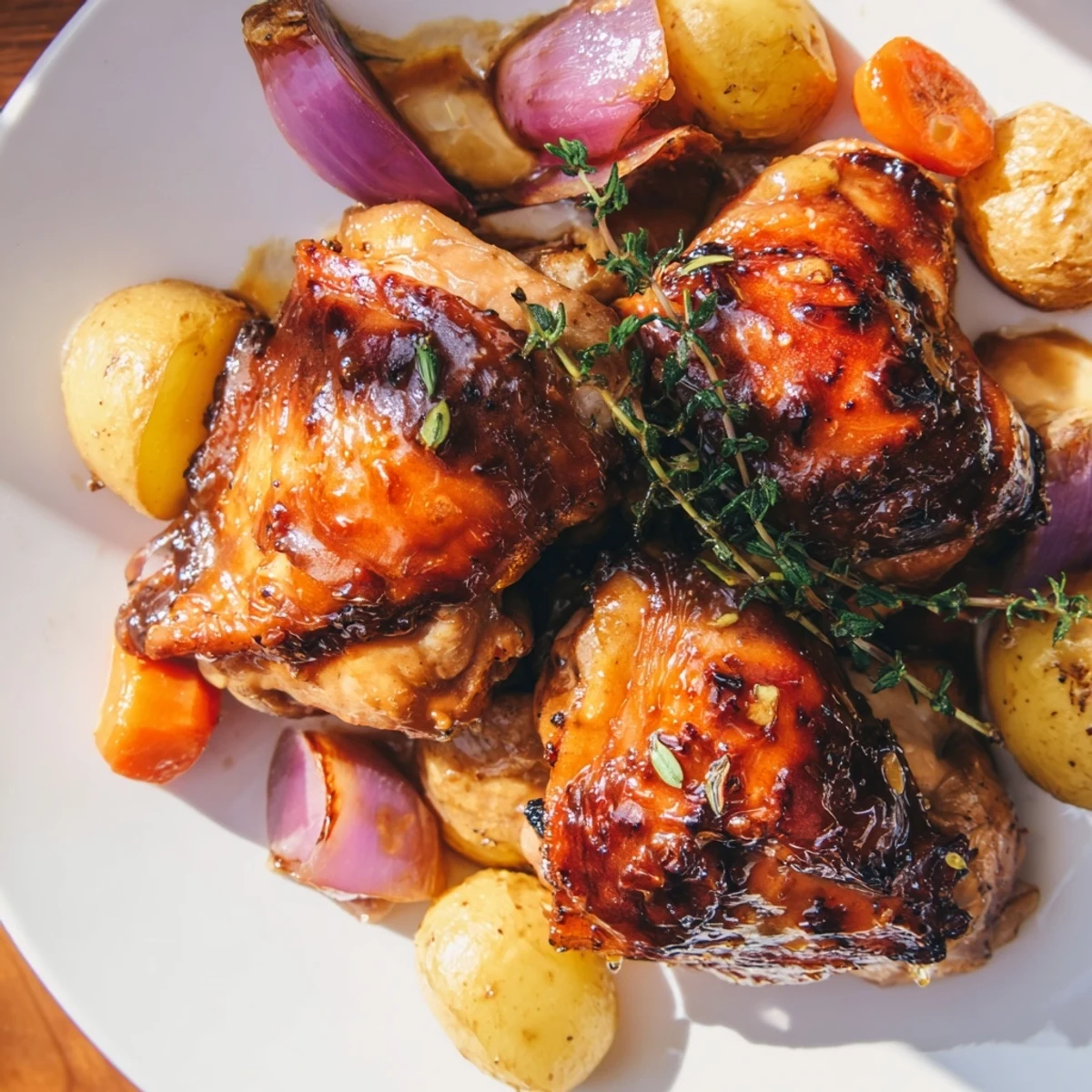 Close-up of crispy skin on Maple Dijon Chicken Thighs, showcasing the sweet and savory flavor in every bite.