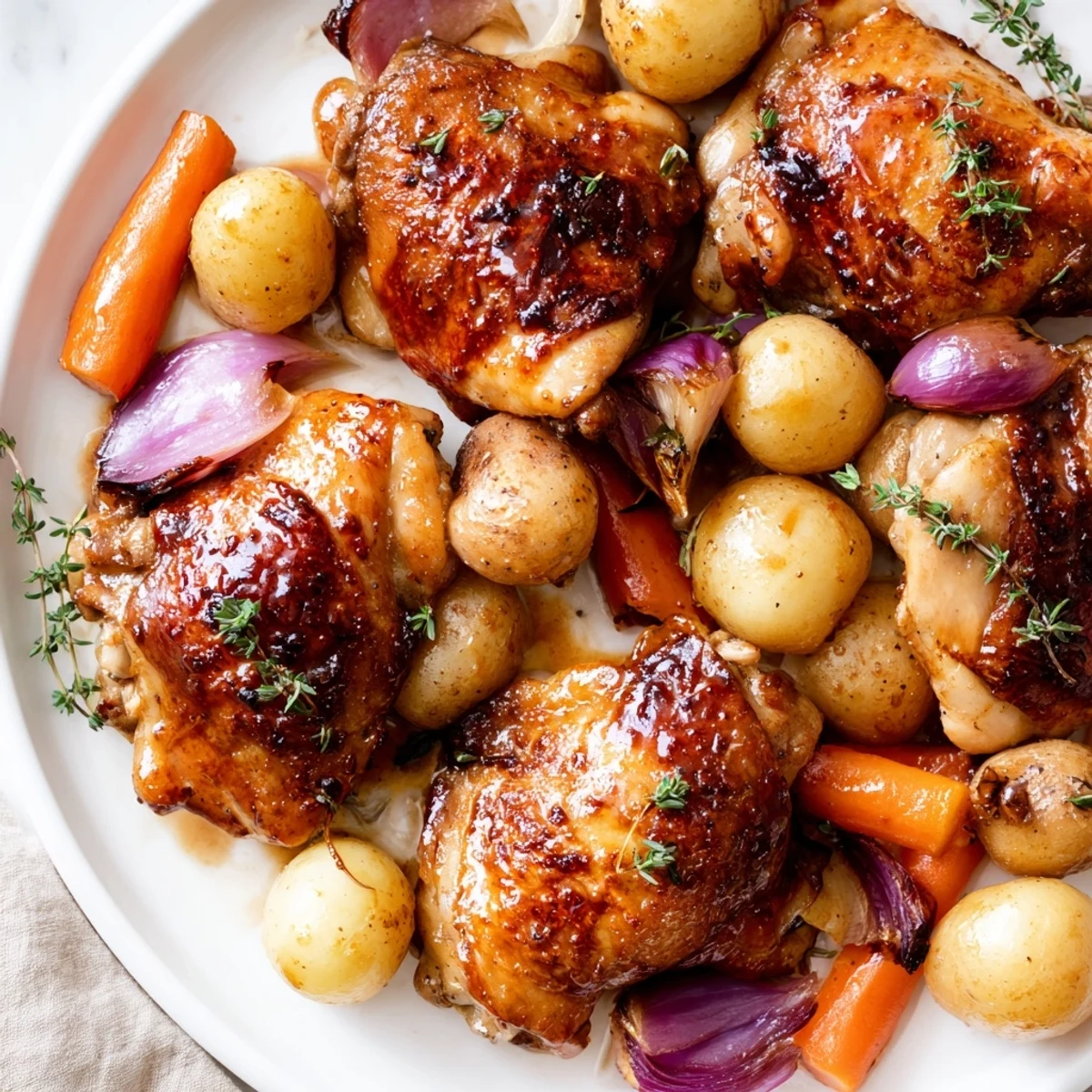Sheet pan dinner of flavorful Maple Dijon Chicken Thighs: a colorful and easy weeknight meal ready to enjoy.