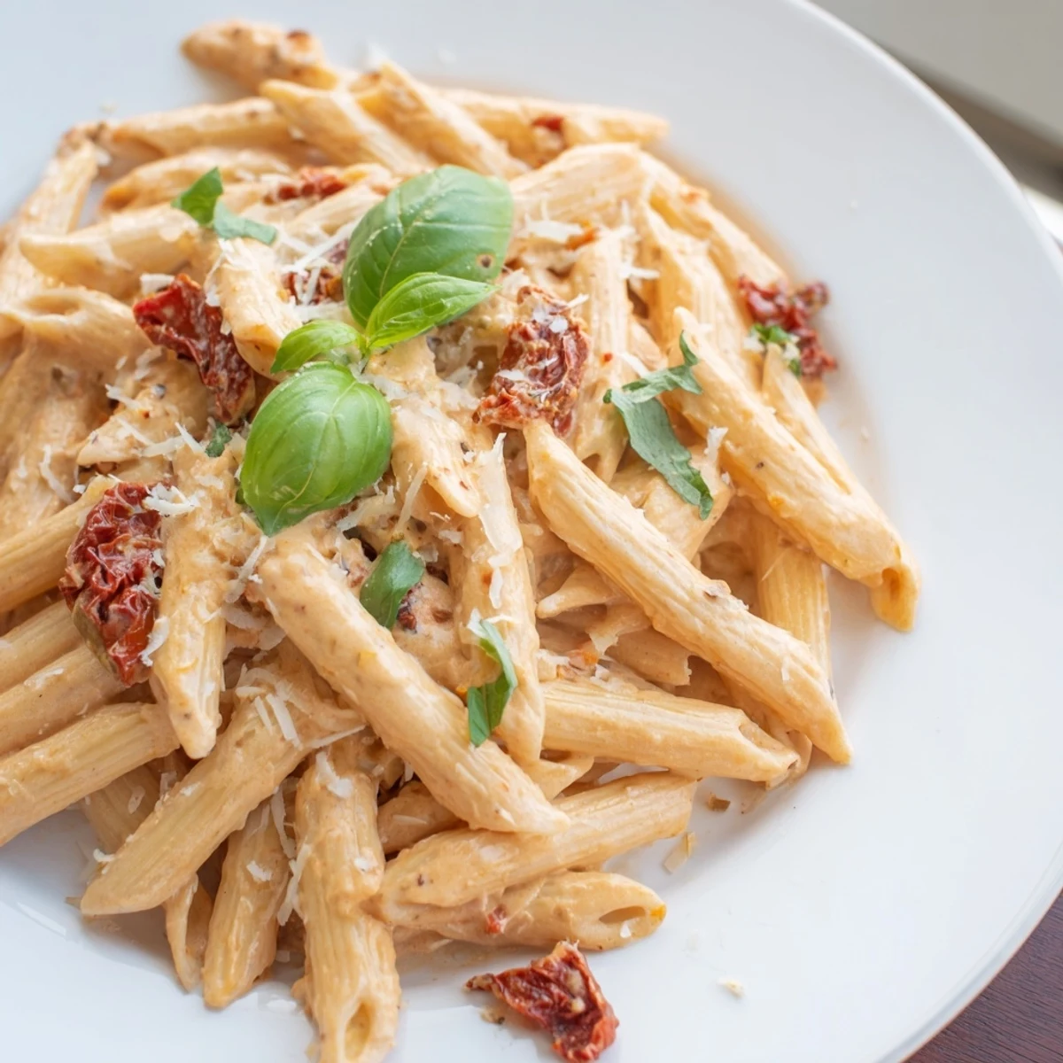 Creamy Sun-Dried Tomato Pasta glistening with Parmesan and basil, ready to enjoy with a glass of wine.