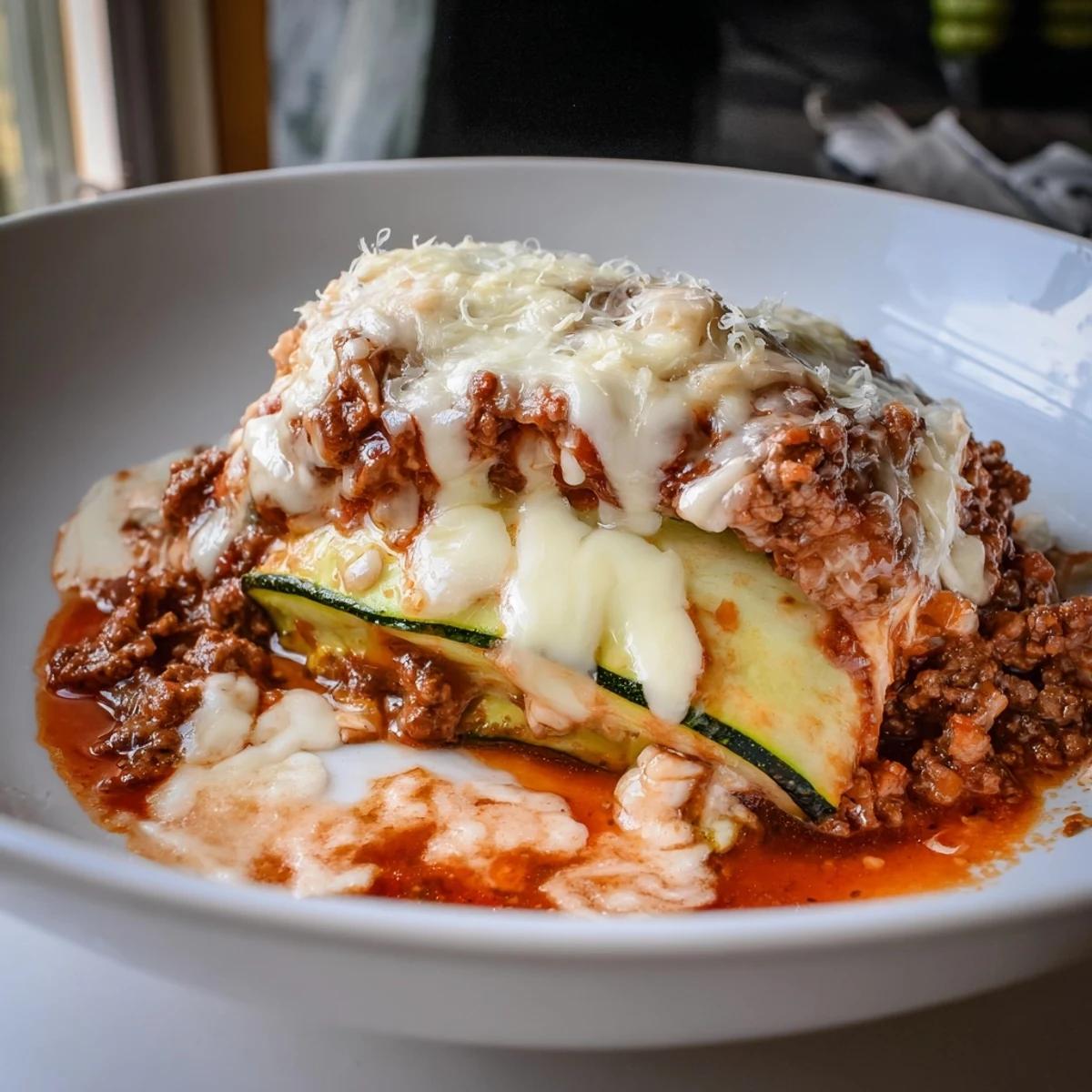 Zucchini Lasagna Skillet bubbling with melted mozzarella and ready for a comforting weeknight meal.