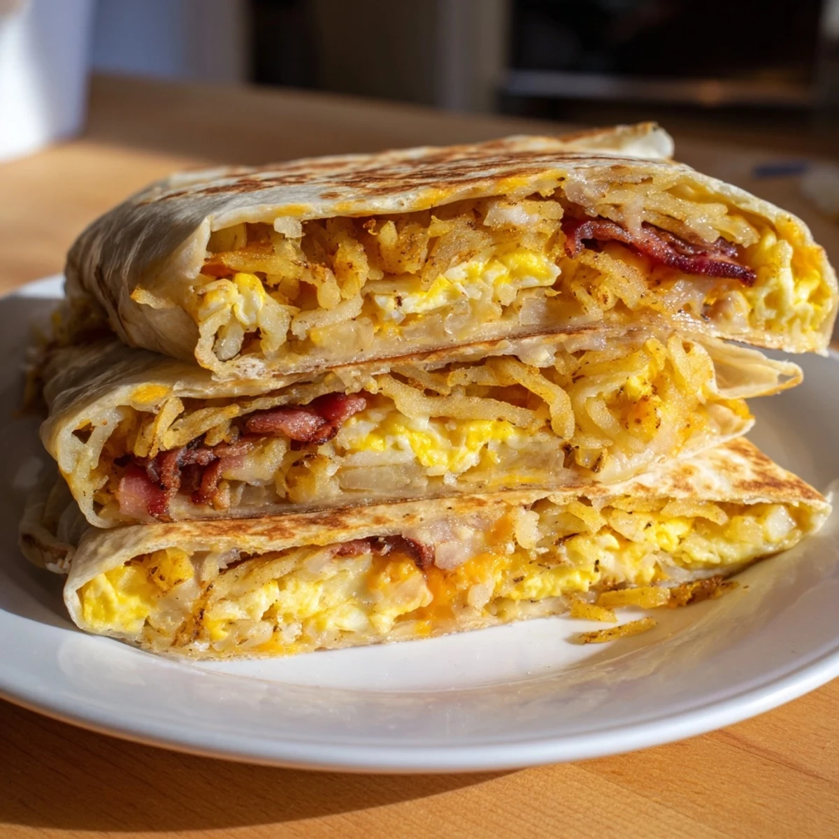Folded tortilla with layers of a flavorful Breakfast Crunchwrap: a perfect, portable breakfast wrap.