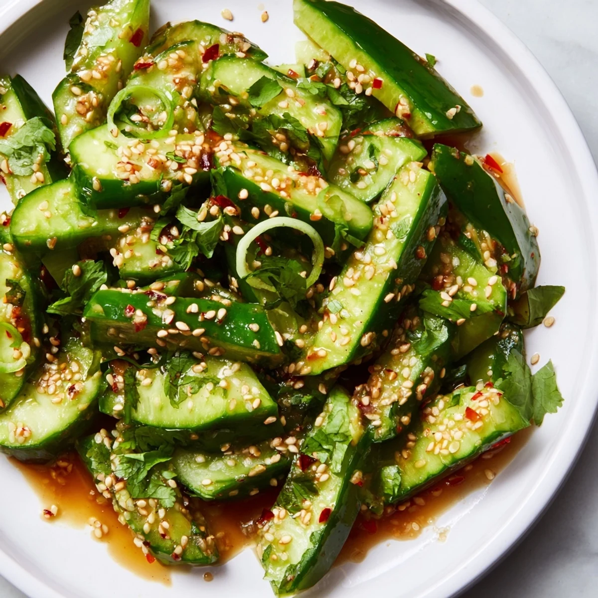 Vibrant Zesty Cucumber Salad with glistening cucumbers tossed in a spicy, sesame-soy dressing.