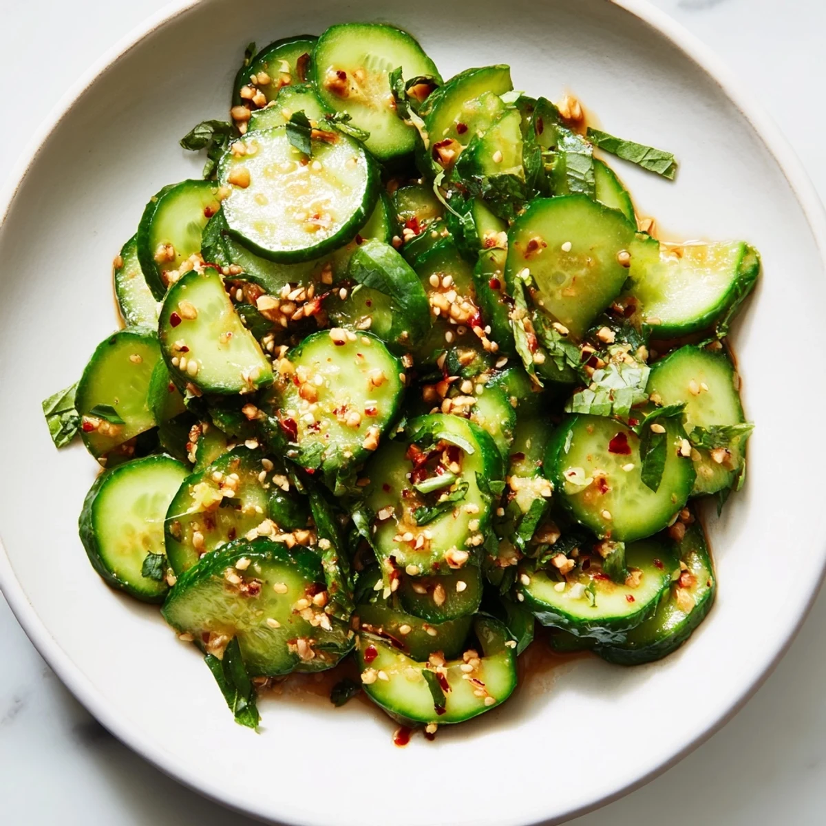 Refreshing Zesty Cucumber Salad sprinkled with sesame seeds, a vegan side dish bursting with flavor.