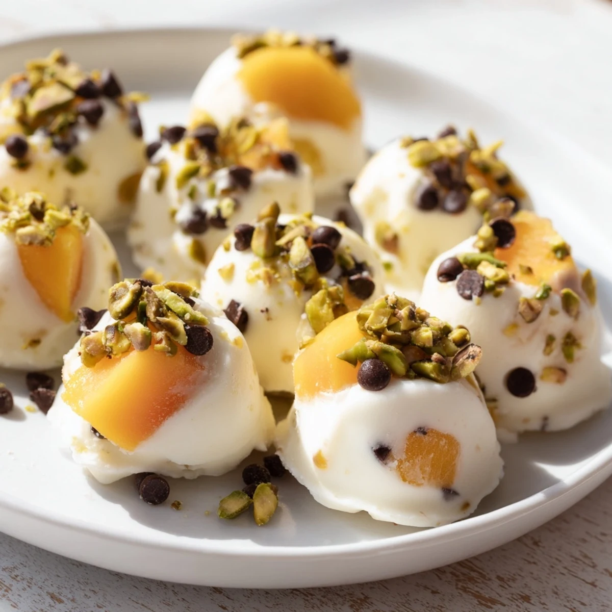 Sweet Frozen Peach Yogurt Bites, showing a close-up of creamy, frozen treats topped with nuts.