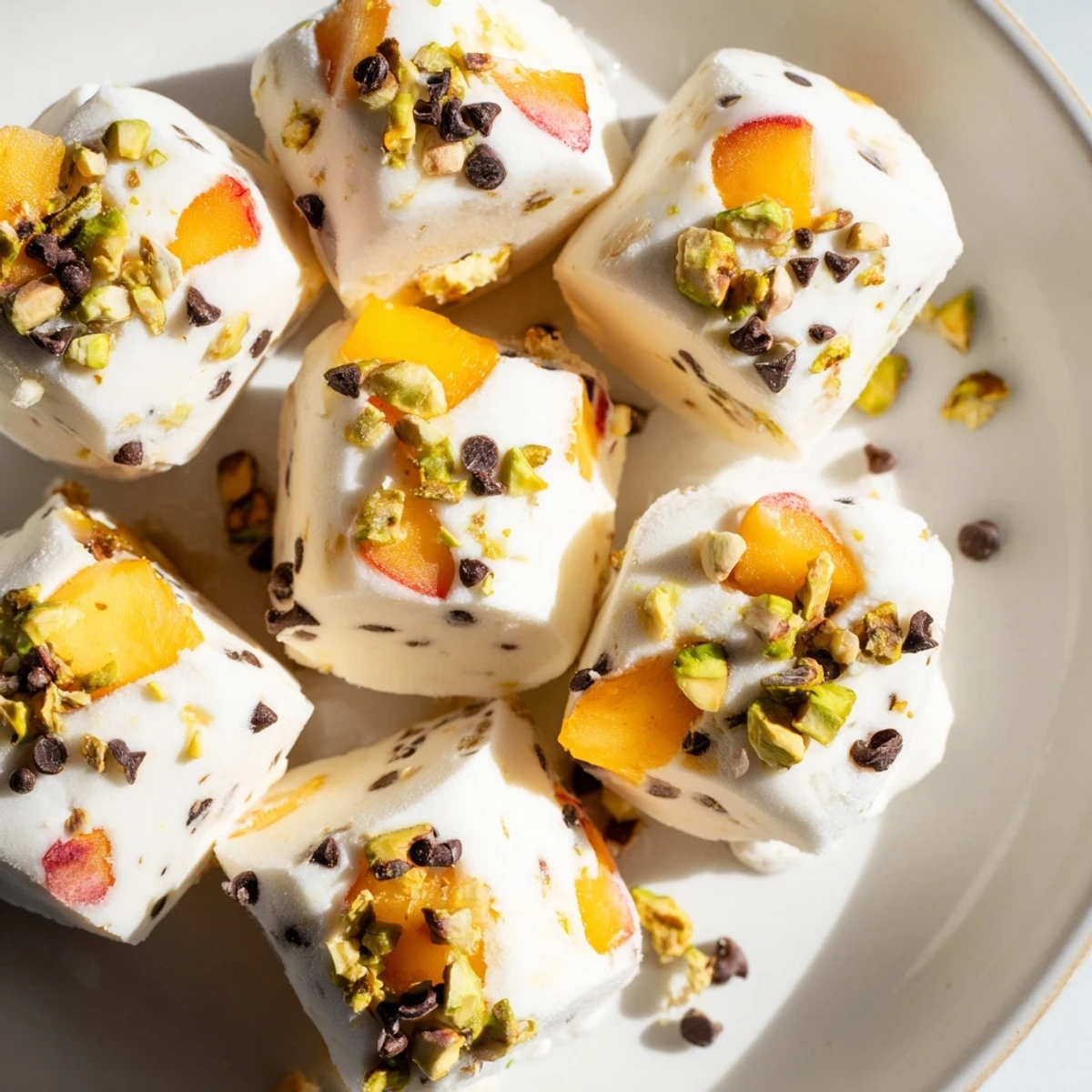 Picture the delightful texture of these Frozen Peach Yogurt Bites, alongside a bowl of fresh peaches ready to eat.