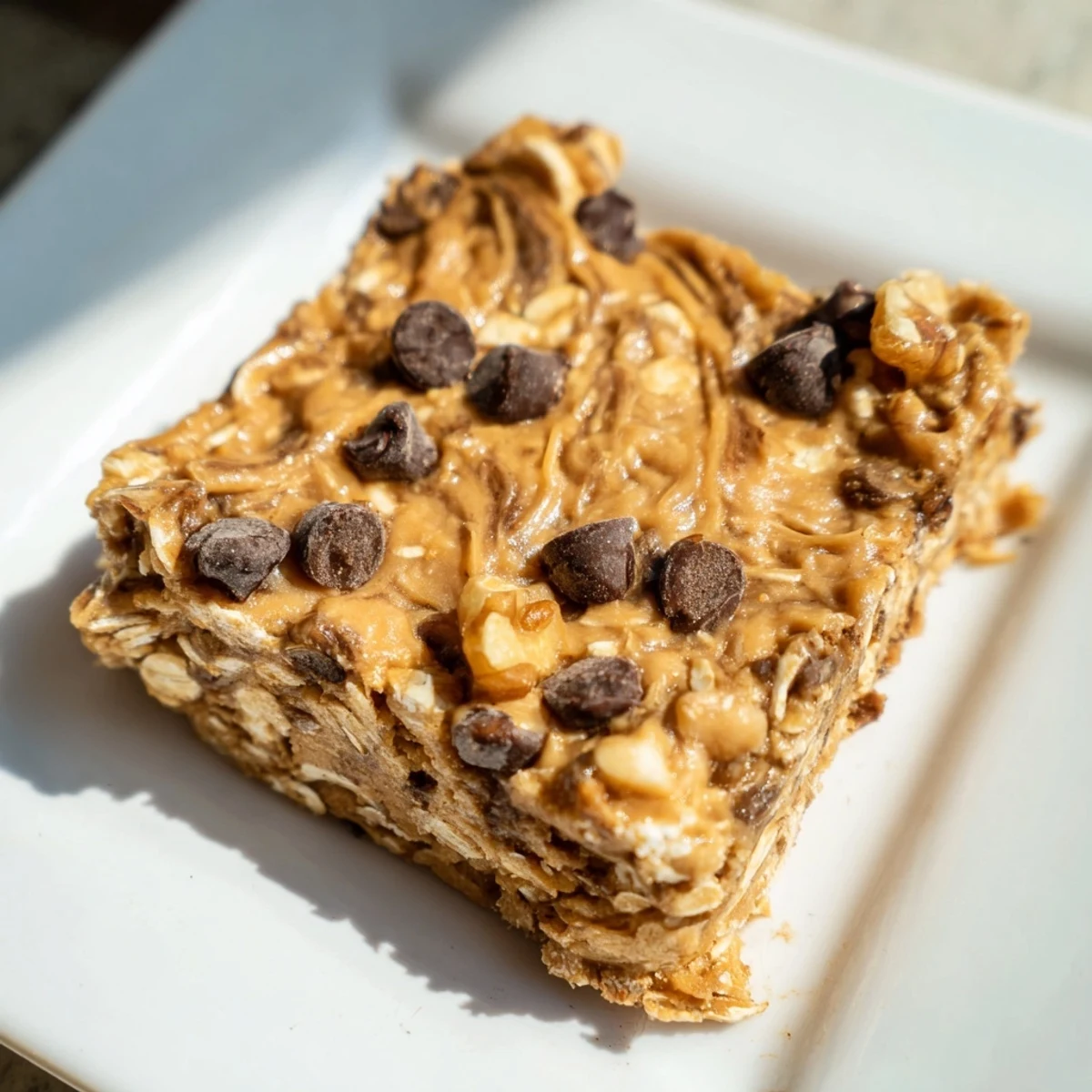 Homemade Peanut Butter Banana Oat Bars, featuring visible oats, nuts, and chocolate chips for a healthy snack.