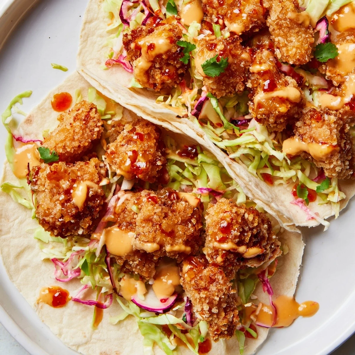 Golden crispy Hot Honey Chicken Tacos, drizzled with spicy honey alongside a vibrant, colorful slaw.