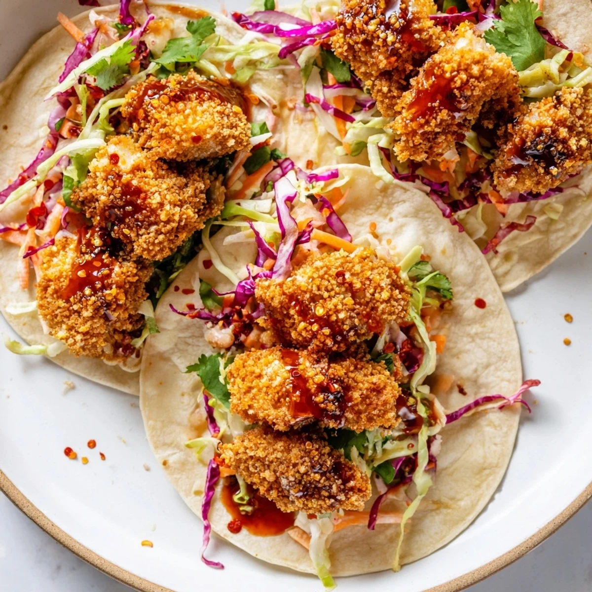 Imagine the delightful crunch of these Hot Honey Chicken Tacos with a sweet and savory glaze.