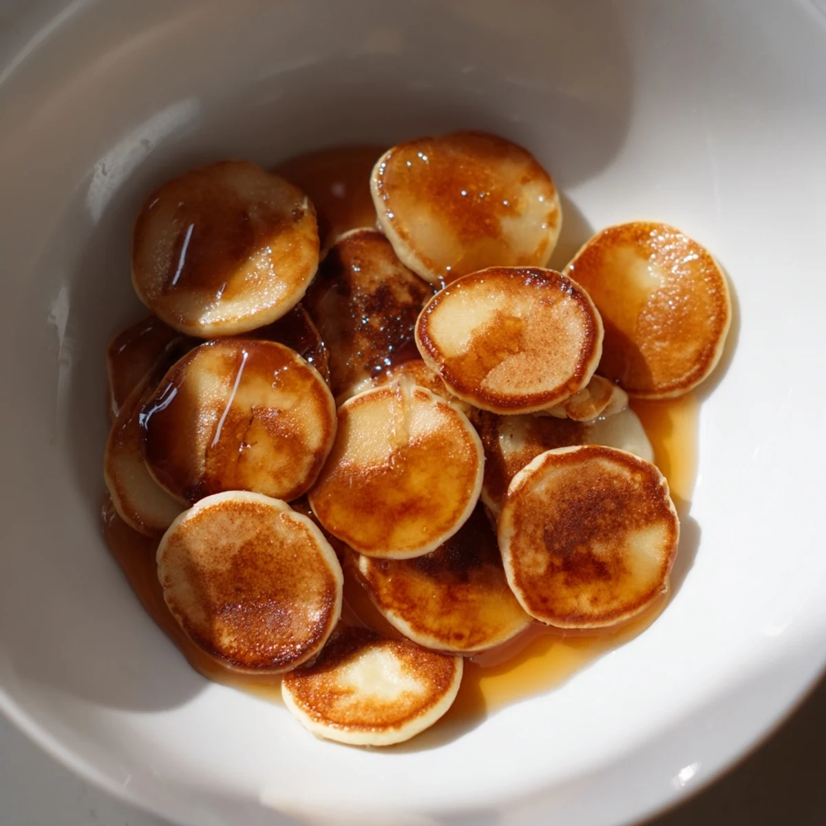 Golden brown Fluffy Pancake Cereal swimming in milk, ready for a delicious breakfast.