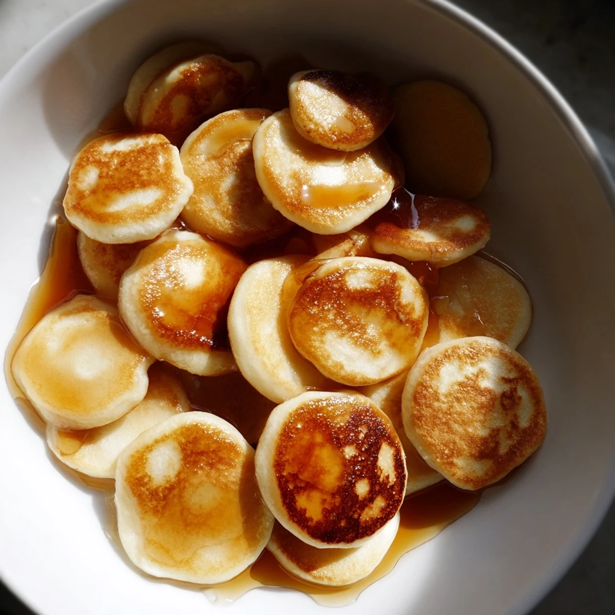 Miniature Fluffy Pancake Cereal drizzled with maple syrup, smelling wonderfully sweet and buttery.