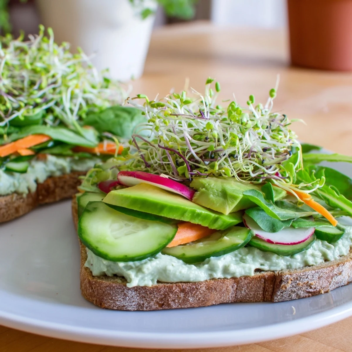 A close-up of a stacked Green Goddess Sandwich with vibrant veggies overflowing the hearty bread.
