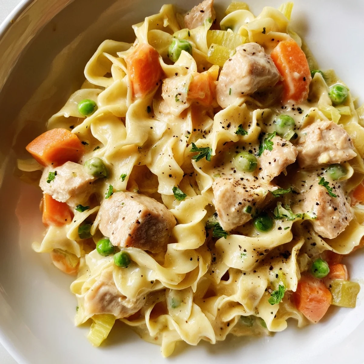 Creamy Chicken and Egg Noodles – a steaming bowl of comfort with herbs and tender chicken.