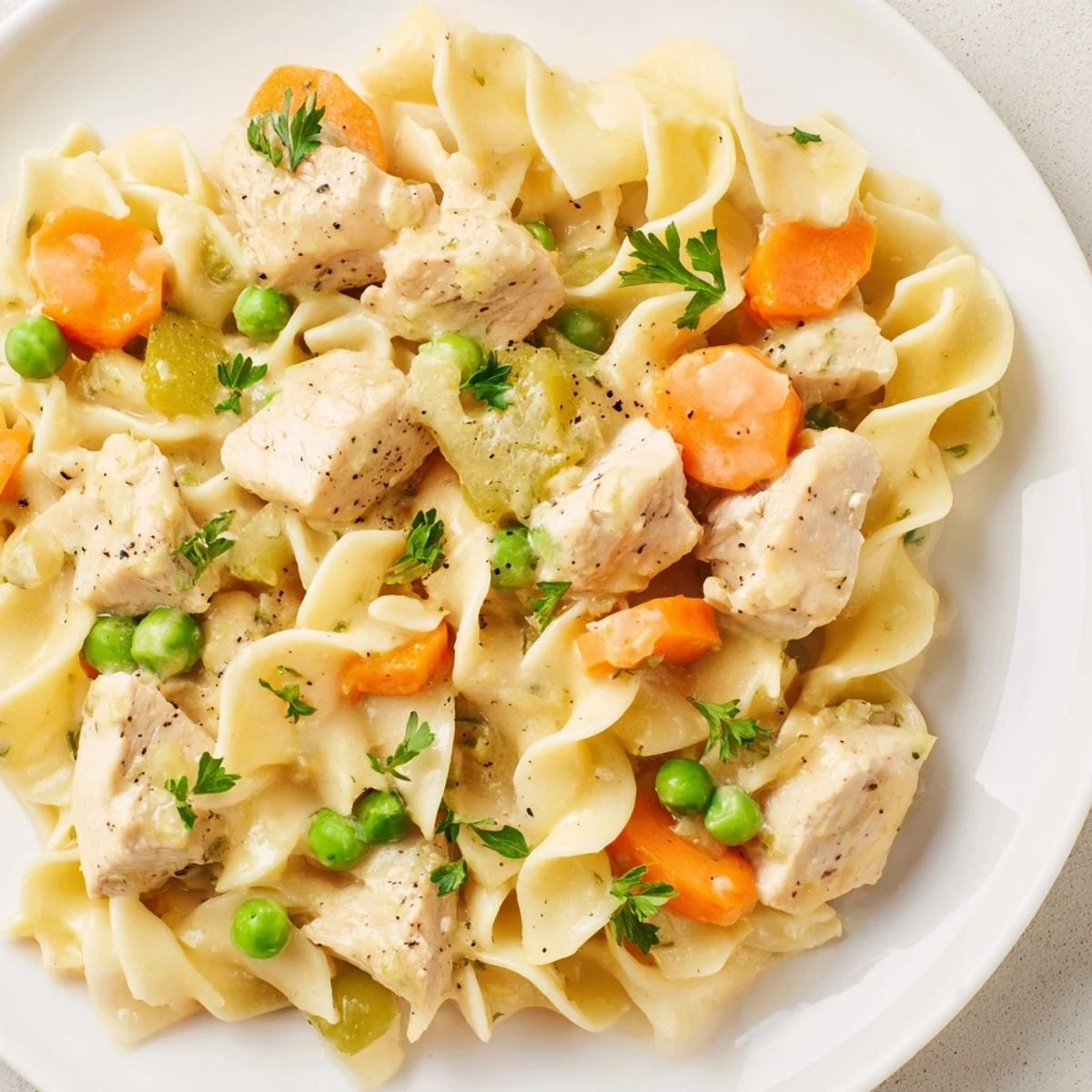 Close-up of golden egg noodles in creamy sauce, showcasing the delicious Creamy Chicken and Egg Noodles.