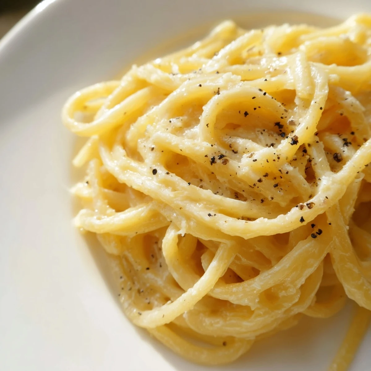 Creamy Lazy Girl Three-Ingredient Pasta is served, with a sprinkle of fresh parmesan for added flavor.