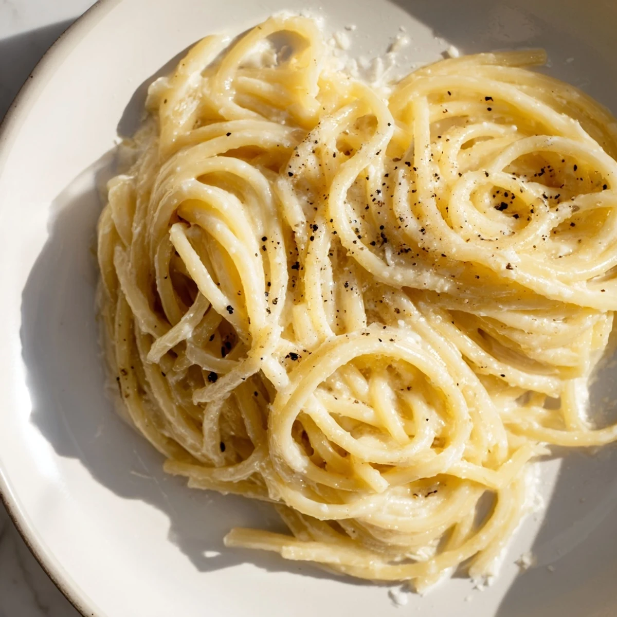 Close-up of golden Lazy Girl Three-Ingredient Pasta, tossed perfectly with a luscious sauce, ready to eat.
