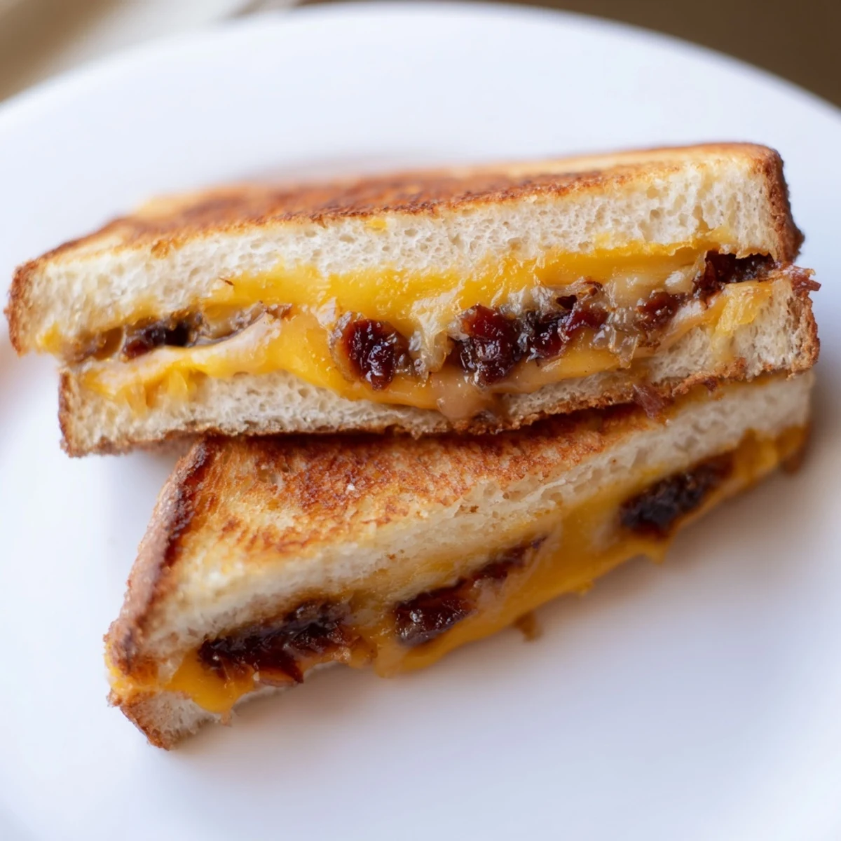 Golden, gooey Bacon Jam Grilled Cheese glistening with melted cheese, ready to enjoy.