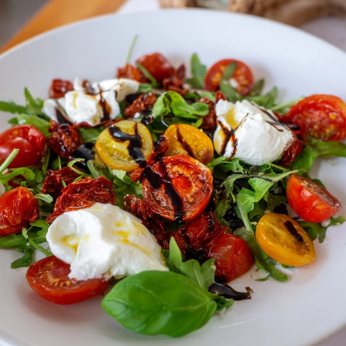 Tomato Flight Salad with vibrant roasted tomatoes and creamy burrata, ready to enjoy.