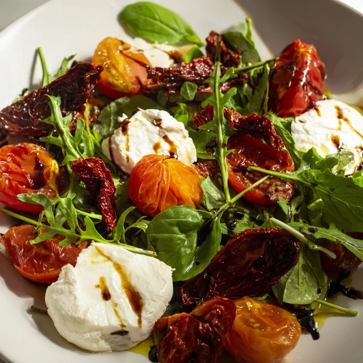 Fresh and flavorful Tomato Flight Salad with sun-dried tomatoes, basil, and a delicious dressing.
