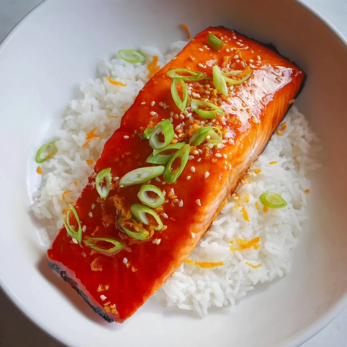Sizzling Sticky Orange Salmon, glistening with glaze, alongside fluffy rice and sliced green onions.