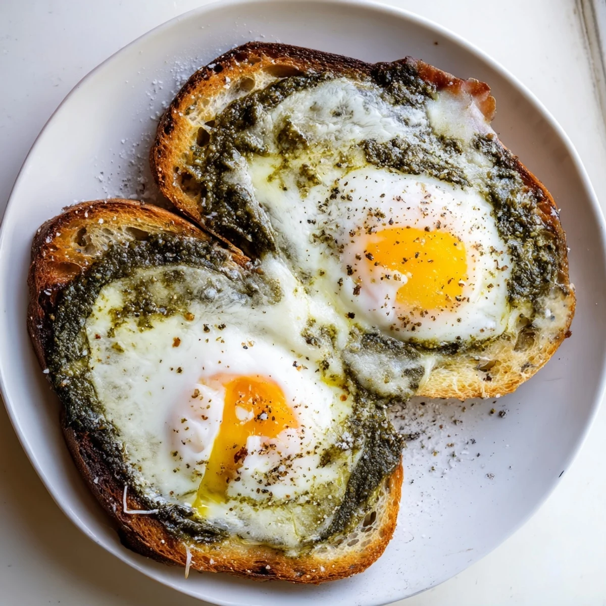 A close-up of a delightful Pesto Egg Grilled Cheese, hinting at the savory pesto and creamy cheese filling.