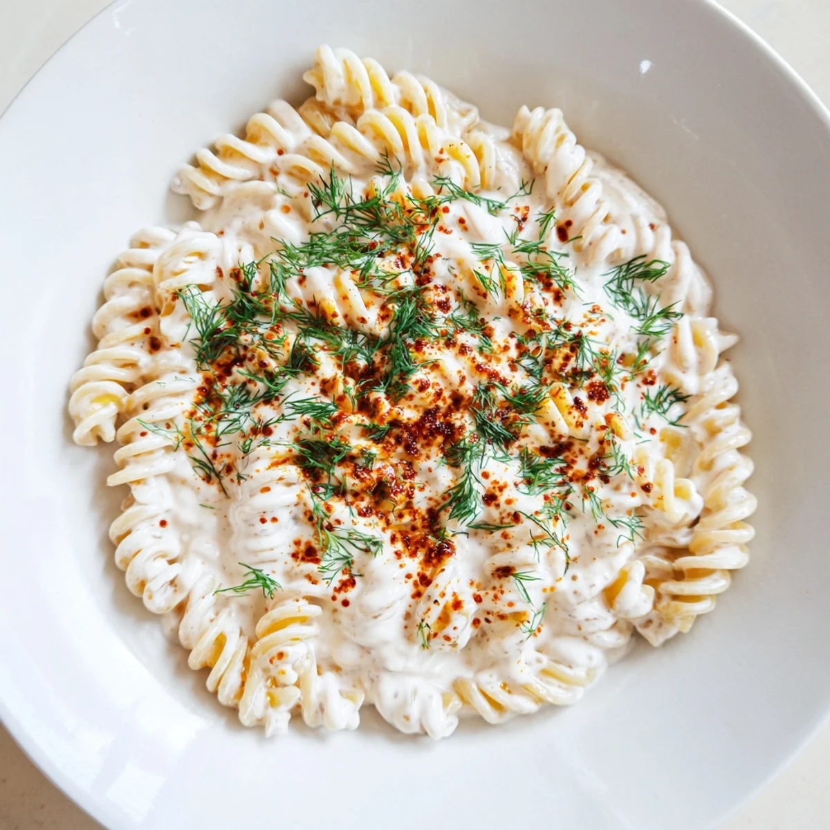 Creamy Turkish yogurt pasta, finished with spiced butter and fresh herbs in a delectable bowl.