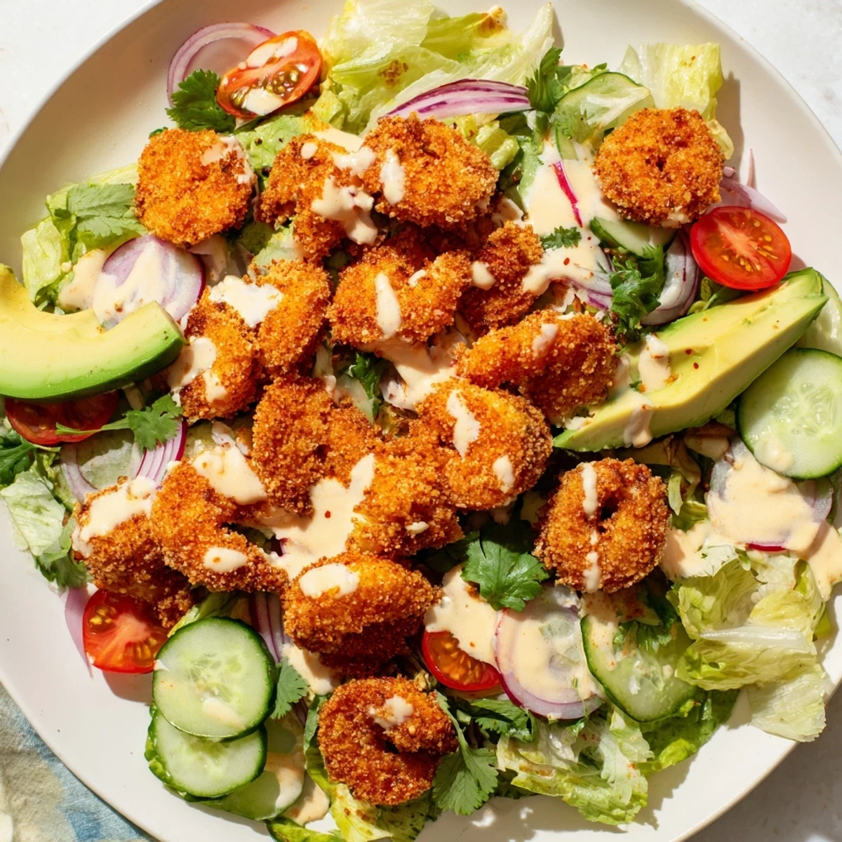 Fresh Spicy Crispy Shrimp Salad: imagine perfectly fried shrimp atop vibrant greens with a creamy dressing.