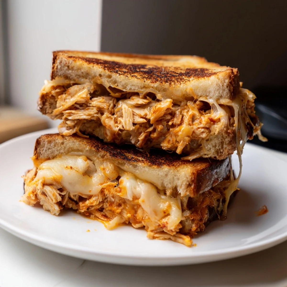 Mouthwatering close-up of a Chili Crisp Honey Chicken Grilled Cheese, golden, melty, and ready to eat.